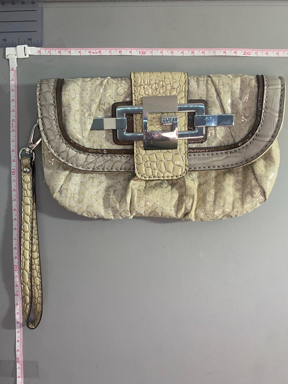 GUESS Metallic Gold Quilted Croc-Accent Wristlet